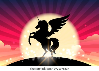 Silhouette of Prancing Unicorn with wings. Vector illustration.