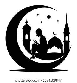 Silhouette of a Prayer Person with Mosque and Crescent Moon