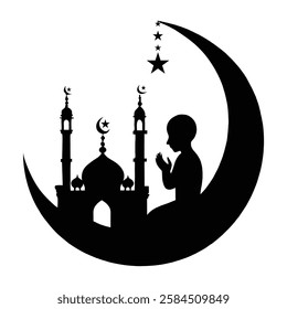 Silhouette of a Prayer Person with Mosque and Crescent Moon