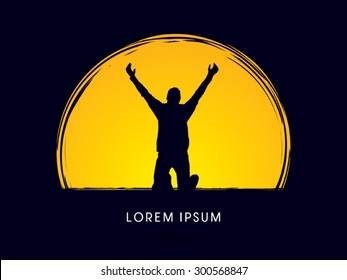 Silhouette, praying, hand up  to God, on moon background, graphic vector.