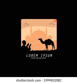 Silhouette of praying people and camel logo