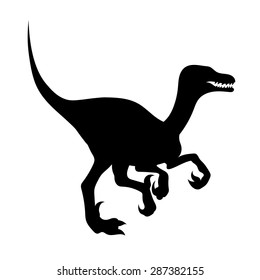 Silhouette of a predatory dinosaur. Icon or badge of a velociraptor. Wild prehistoric animal pattern.
