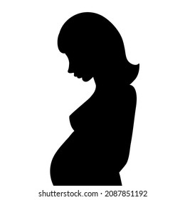 Silhouette of a pregnant girl with a belly. Profile of a woman expecting a baby, pregnancy. Black color image isolated on white background. Vector illustration. 