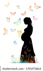 The silhouette of a pregnant girl with butterflies. Vector illustration