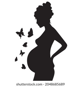 Silhouette of a pregnant girl. Happy mom. Butterflies.