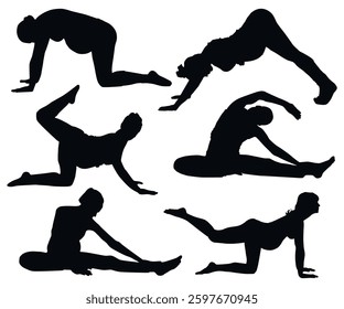 Silhouette of pregnant girl, lady or future mom. Pregnancy and birth baby symbol. Silhouette of pregnant woman. Pregnant woman exercising. Pregnant female yoga and fitness for healthy and relaxation.