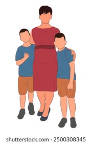 Silhouette of a pregnant mother hugging her two sons, maternal feelings, isolated vector