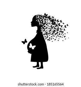 silhouette of a pregnant woman with butterflies. Vector
