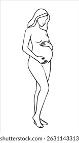  Silhouette of a pregnant woman drawn in line art style. Vector illustration for banner design.