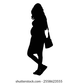 A silhouette of a pregnant woman in a dress carrying a purse