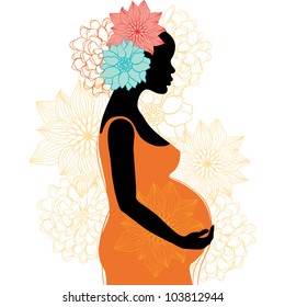 Silhouette of pregnant woman with flowers. Vector illustration.