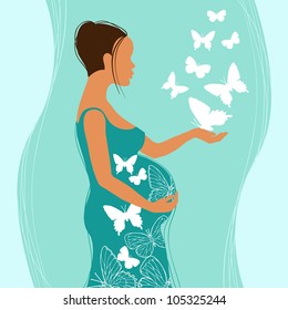 Silhouette of pregnant woman with flowers. Vector illustration.