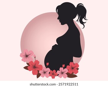 Silhouette of a pregnant woman with flowers. Vector illustration. woman's day and mother's day background