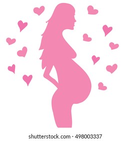 Silhouette of pregnant woman with hearts around. Vector illustration.

