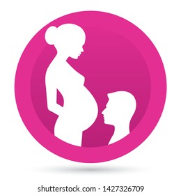 Silhouette of pregnant woman with her man on pink circle background - Vector. Isolated on white background.