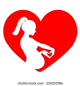 Silhouette of pregnant woman holding her hands in a heart shape , stylized vector symbol