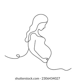 Silhouette of a pregnant woman. Line art style. Future mom hugging belly with arm. Concept of pregnancy, family, motherhood. Vector illustration.
