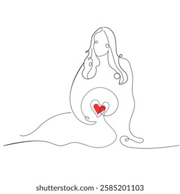 Silhouette of a pregnant woman. Line art. A woman sits on the floor and hugs her pregnant belly. Concept of pregnancy, family, motherhood. Line art style. Vector illustration.