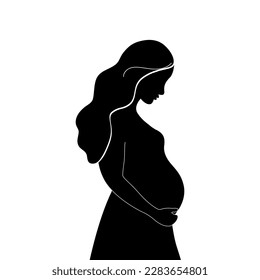 Silhouette de una mujer embarazada de pelo largo. Mamá futura abrazando el vientre con los brazos. Concepto de embarazo, familia, maternidad.  Ilustración vectorial.