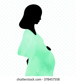 Silhouette of pregnant woman, mint watercolor dress, dotted background. Cute cosy illustration  for web or typography (magazine, brochure, flyer, poster), colorful, EPS 10.