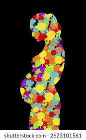 The silhouette of a pregnant woman. Mixed media. Happy Mother's Day. hand drawn. Not AI, Vector illustration.