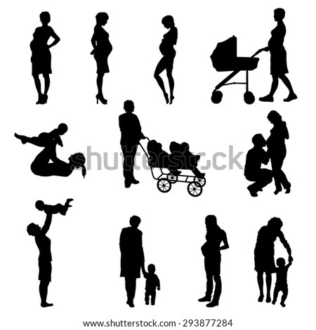 Silhouette of Pregnant Woman and Moms With Children - Vector Image