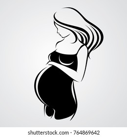 Silhouette of pregnant woman on gray background. 