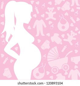 Silhouette of the pregnant woman on pink background with baby thing