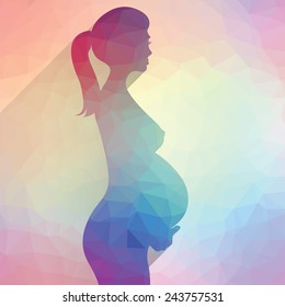 Silhouette of pregnant woman, polygonal colorful illustration