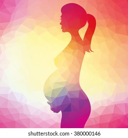 Silhouette of pregnant woman, polygonal colorful illustration