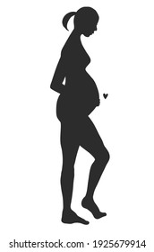 silhouette of a pregnant woman, pony-tailed, nude, black color, exercising, posing, in movement.