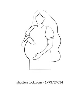 Silhouette of a pregnant woman. Pregnancy and maternity icon. Simple black outline on a white background. Flat vector illustration.