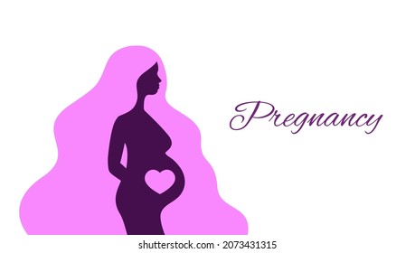 Silhouette of pregnant woman in profile isolated. Young expectant mother with long hair logo. Pregnancy text. Vector illustration.