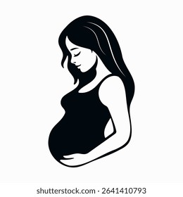 Silhouette of a Pregnant Woman in Profile Vector Illustration. The woman is shown gently holding her baby bump with both hands, with her head bowed slightly and eyes closed.
