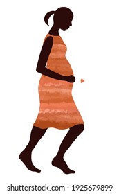 silhouette of a pregnant woman with the red dress, pony-tailed, exercising, posing, in movement.