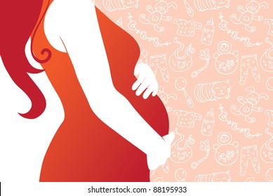 Silhouette of pregnant woman  with seamless baby background