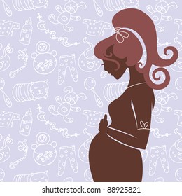 Silhouette of pregnant woman  with seamless baby background