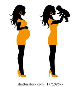 silhouette of a pregnant woman and a silhouette of a woman with a small child in her arms