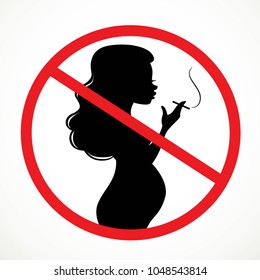 Silhouette of a pregnant woman smoking a cigarette prohibiting sign in crossed out circle isolated on white background