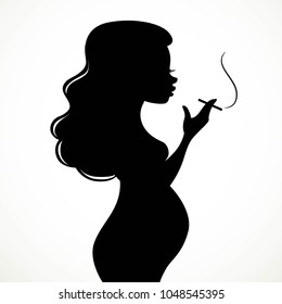 Silhouette of a pregnant woman smoking a cigarette black on a white background