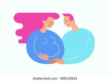 Silhouette of pregnant woman stroking with the hand her belly. Happy motherhood and baby expectation concept. Modern illustration could be used as logo symbol for banner or website Vector illustration