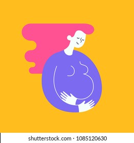 Silhouette schwangerer Frau, die mit der Hand ihren Bauch streichelte. Fröhliche Mutterschaft und Kindererwartungskonzept. Moderne Illustrationen können als Logo-Symbol für Vektorillustration von Bannern oder Websites verwendet werden