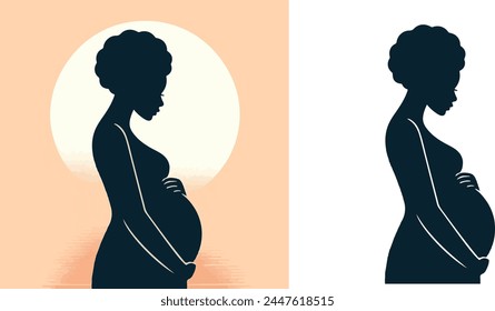 Silhouette of pregnant woman. Vector icon of future mother in profile. Silhoete of expecting mother with short hair cut in sundown, sunrise pink background, set of 2 . Vector illustration.