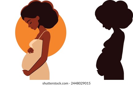Silhouette of pregnant woman. Vector icon of future mother in profile. Silhoete of expecting mother with long hair cut with an orange sun behind. Vector illustration.