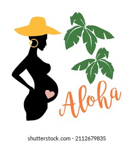 Silhouette of a pregnant woman wearing a summer hat and hoop earrings, palm leaves and Aloha lettering. Flat vector design.
Tropical vacation clipart. 