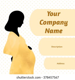 Silhouette of pregnant woman, yellow watercolor dress, dotted background. Template with optional banners. Cute cosy design for web or typography (magazine, brochure, flyer, poster), colorful, EPS 10.