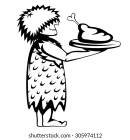 Silhouette of a prehistoric waiter with a tray and paleo food (cartoon style)