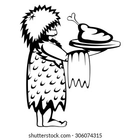 Silhouette of a prehistoric waiter with a tray and paleo food (cartoon style)