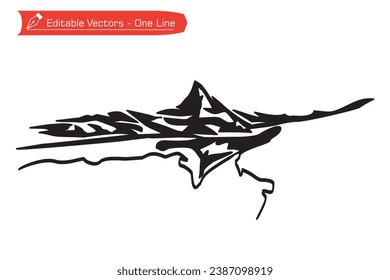 Silhouette premium mountains icon. One line drawing of Matterhorn mountain and its shadow over an alpine river. Vector illustration of silhouette Matterhorn, Zermatt, Swiss Alps, Switzerland.