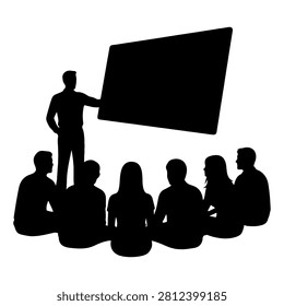 Silhouette of a presenter pointing at a large screen during a business meeting with attentive audience members.